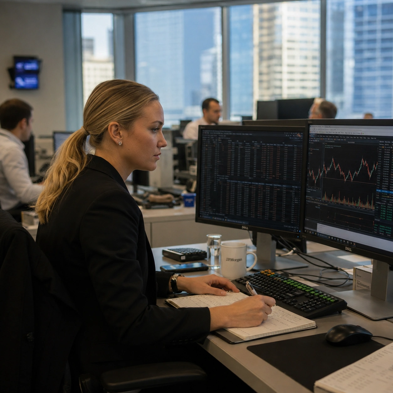Market analyst reviewing the opening session at a trading desk